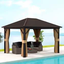 Outsunny 3.6 x 3(m) Metal Garden Hardtop Gazebo with Screened Curtain Brown