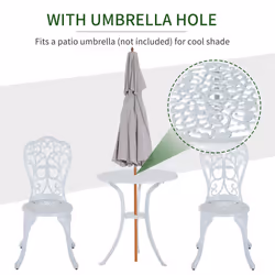 Outsunny 3 Pieces Antique Garden Bistro Set for 2 with Umbrella Hole, White