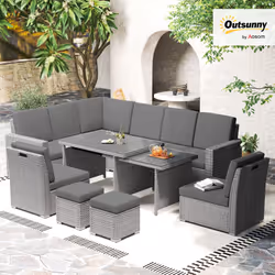 Outsunny 10-Seater Sofa Sectional w/ Cushioned Seat, Footstools and Glass Table