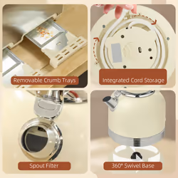 HOMCOM 1.7L 3000W Fast Boil Electric Kettle and 4 Slice Toaster Set, Cream - Additional view 7