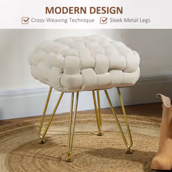 HOMCOM Woven Velvet Foot Stool with Steel Legs for Living Room, Cream White