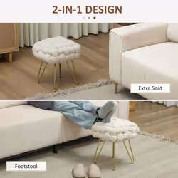 HOMCOM Woven Velvet Foot Stool with Steel Legs for Living Room, Cream White