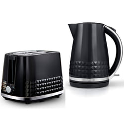 TOWER Solitaire Black 1.5L 3KW Jug Kettle & 2 Slice Toaster. Matching Modern Design Kettle & Toaster Set in Black with Chrome Accents