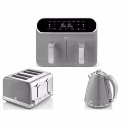 SWAN Retro Grey Kettle. 4 Slice Toaster & Dual Basket Air Fryer Set