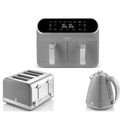 SWAN Retro Grey Kettle. 4 Slice Toaster & Dual Basket Air Fryer Set