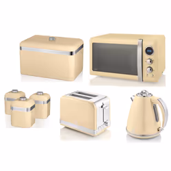 SWAN Retro Cream Kettle Toaster Microwave Bread Bin & Canisters Set