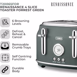 Tower Renaissance Forest Green Kettle 4 Slice Toaster & Canisters Set