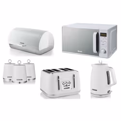 Swan Elegance White Kettle Toaster Microwave Breadbin & Canisters Set