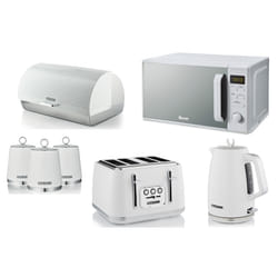 Swan Elegance White Kettle Toaster Microwave Breadbin & Canisters Set