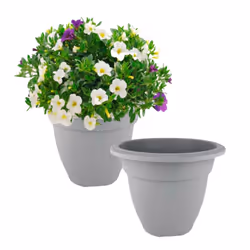 2 Small Grey Round Plant Pot 20cm Plastic Bell Planter Flower Pot