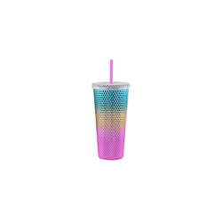 Studded Tumbler with Lid and Straw Reusable Cup with Straws Lids Plastic Water Bottle Iced Coffee Travel Mug Cup Rainbow