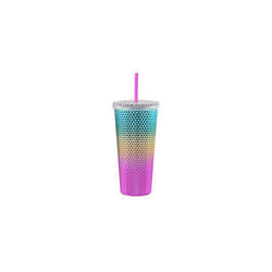 Studded Tumbler with Lid and Straw Reusable Cup with Straws Lids Plastic Water Bottle Iced Coffee Travel Mug Cup Rainbow