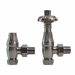 Traditional Thermostatic TRV Antique Design Angled Radiator Rad Valves Pair - Satin Nickel