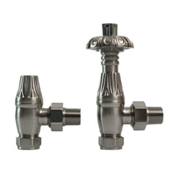 Traditional Thermostatic TRV Antique Design Angled Radiator Rad Valves Pair - Satin Nickel