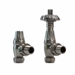 Traditional Thermostatic TRV Antique Design Angled Radiator Rad Valves Pair - Satin Nickel