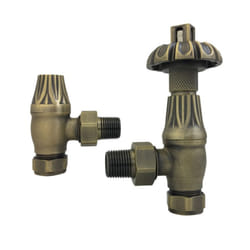 Traditional Thermostatic TRV Antique Design Angled Radiator Rad Valves Pair - Antique Brass