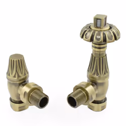 Traditional Thermostatic TRV Antique Design Angled Radiator Rad Valves Pair - Polished Antique Brass