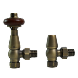 Traditional Antique Design TRV Thermostatic Brass Angled Radiator Valves Pair - Polished Antique Brass