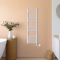 NRG Prefilled Thermostatic Electric Straight Heated Towel Rail Radiator - White, 1400x400mm