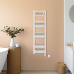NRG Prefilled Thermostatic Electric Straight Heated Towel Rail Radiator - White, 1400x400mm