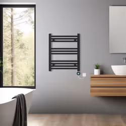 Pre-filled Bathroom Straight Electric Heated Towel Rail Radiator Thermostatic - Black, 600x500mm
