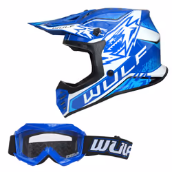 ) Wulfsport Kids Air-X Children Cub Junior Helmet Motocross ATV Crash + Goggles - Blue, S(47-48cm