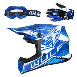 ) Wulfsport Kids Air-X Cub Helmet Motocross ATV Crash + Stratos Gloves + Goggles - Blue, L(51-52cm