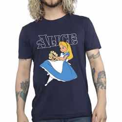 Disney Mens Alice In Wonderland Flowers T-Shirt - XXL, Navy Blue