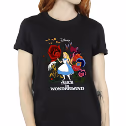 Disney Womens/Ladies Alice In Wonderland Flowers Cotton Boyfriend T-Shirt - XXL, Black