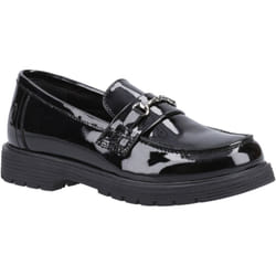 ) Hush Puppies Lydia Patent Senior Leather Girls's Black Loafers - Black, 6 (Adults'