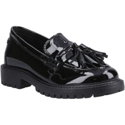 ) Hush Puppies Abigail Patent Senior Leather Girls's Black Loafers - Black, 4 (Adults'