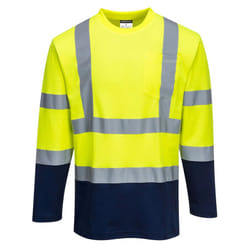 Portwest Mens Contrast Cotton High-Vis Comfort Long-Sleeved T-Shirt - 3XL, Yellow/Navy