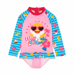Baby Shark Girls Wipe Out! Long-Sleeved One Piece Swimsuit - 5-6 Years, Blue/Pink