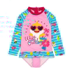 Baby Shark Girls Wipe Out! Long-Sleeved One Piece Swimsuit - 5-6 Years, Blue/Pink