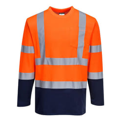 Portwest Mens Contrast Cotton High-Vis Comfort Long-Sleeved T-Shirt - S, Orange/Navy