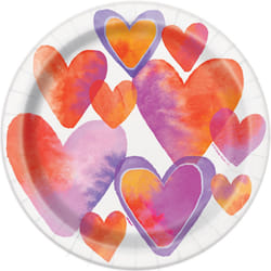 Unique Party Paper Watercolour Hearts Valentine's Day Disposable Plates (Pack of 8)