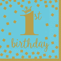 Amscan Paper 1st Birthday Disposable Napkins (Pack of 16) - One Size, Blue/Gold