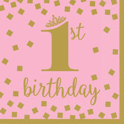 Amscan Paper 1st Birthday Disposable Napkins (Pack of 16) - One Size, Pink/Gold