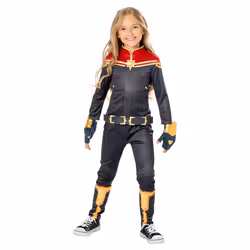 Captain Marvel Childrens/Kids Costume - 5-6 Years, Navy Blue/Red/Gold