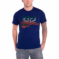 The Beatles Unisex Adult Guitar & Flag T-Shirt - XXL, Navy Blue