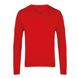 Premier Mens Knitted Cotton Acrylic V Neck Sweatshirt - XXS, Red