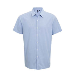 Premier Mens Gingham Cotton Short-Sleeved Shirt - S, Light Blue/White