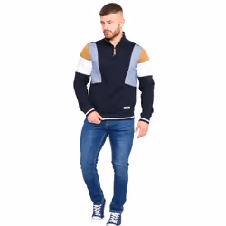 Duke Mens Kenington D555 Cut & Sew Half Zip Sweatshirt - S, Navy/White/Mustard