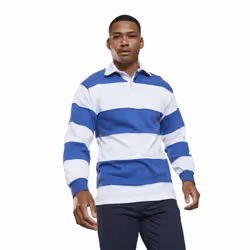 Front Row Mens Stripe Sewn Rugby Polo Shirt - XL, White/Royal Blue