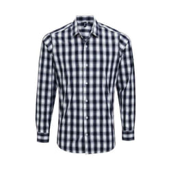 Premier Mens Mulligan Checked Cotton Long-Sleeved Shirt - S, White/Navy