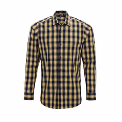 Premier Mens Mulligan Checked Cotton Long-Sleeved Shirt - XXL, Camel/Navy