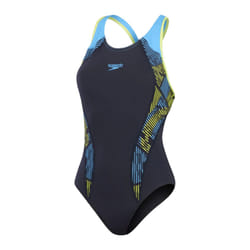 Speedo Womens/Ladies Placement Laneback One Piece Swimsuit - 12 UK, Navy/Yellow