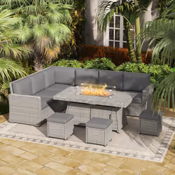 Outsunny 7 Pieces Rattan Garden Furniture Set w/ 50,000 BTU Fire Pit Table