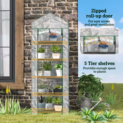 Outsunny 5 Tier Mini Greenhouse Grow House w/ Roll Up Door, White/Green