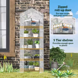 Outsunny 5 Tier Mini Greenhouse Grow House w/ Roll Up Door, White/Grey